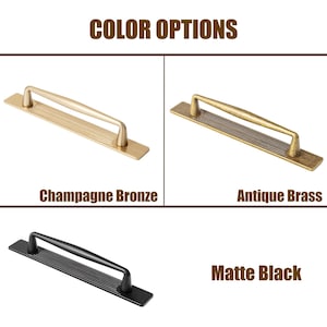 May include: Image showcasing cabinet hardware in three color options: Champagne Bronze, Antique Brass, and Matte Black. Each handle features a bar design with a central grip and a rectangular base. The text "COLOR OPTIONS" is at the top.