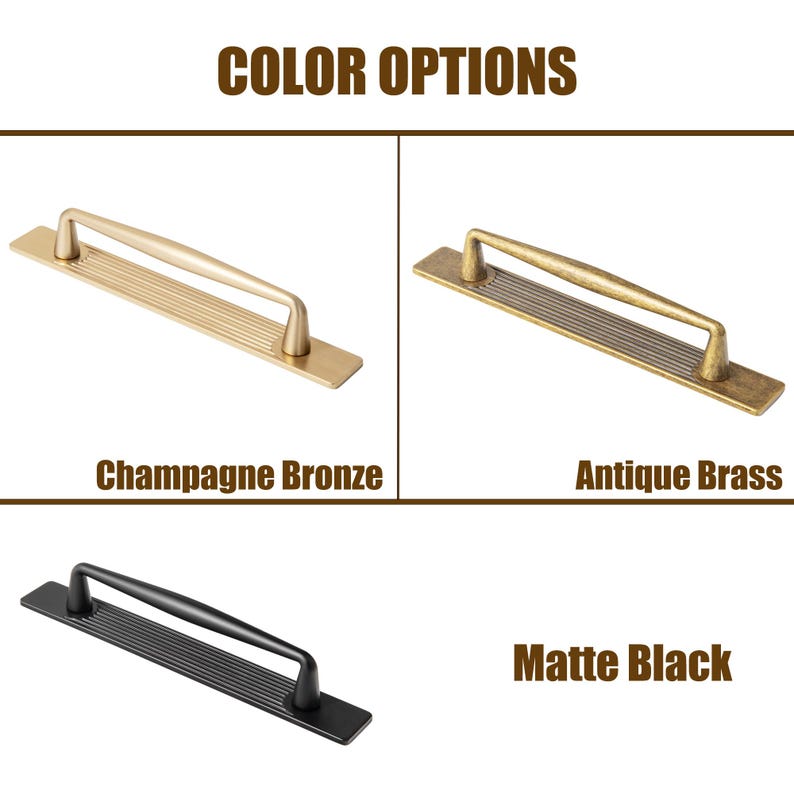 May include: Image showcasing cabinet hardware in three color options: Champagne Bronze, Antique Brass, and Matte Black. Each handle features a bar design with a central grip and a rectangular base. The text "COLOR OPTIONS" is at the top.