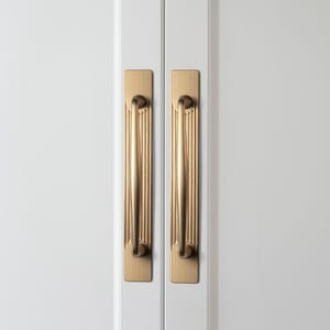 May include: Two gold-colored cabinet handles with a vertical ribbed design are mounted on a white cabinet door. The handles have a rectangular backplate and a curved, cylindrical grip. The hardware adds a touch of elegance to the cabinet.