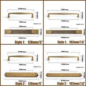 May include: A collection of antique brass cabinet hardware, including handles and pulls. The image displays various styles, with measurements in inches and ounces. The text on the image indicates the style and size of each piece.