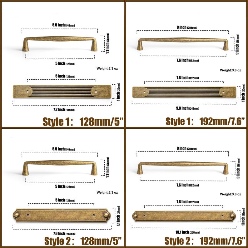 May include: A collection of antique brass cabinet hardware, including handles and pulls. The image displays various styles, with measurements in inches and ounces. The text on the image indicates the style and size of each piece.