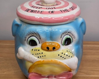 Vintage Anthropomorphic Bulldog Cookie Jar Striped Hat Bow Tie Grantcrest Japan