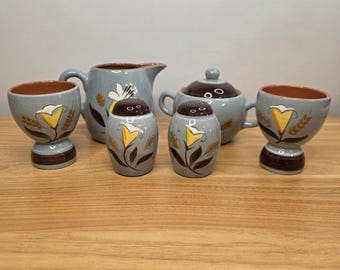 Vtg Stangl Pottery Golden Harvest 7pc Set Creamer/Sugar, Double Egg, Salt/Pepper