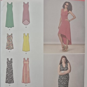 Puede incluir: Patrón Simplicity 1358 A con seis diseños de vestidos. La imagen incluye ilustraciones de los vestidos, una modelo con un vestido a rayas rojas y el texto "6 made easy". El tamaño del patrón es XXS-XXL.
