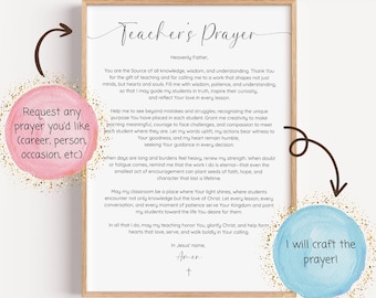 May include: A framed print with the "Teacher's Prayer" in a stylish script. The text is on a white background, within a light wooden frame. Decorative elements include pink and blue watercolour circles with text, suggesting customisation options.