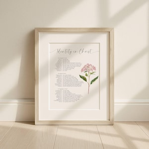 May include: Framed print with the title "Identity in Christ" in elegant script. The print features a list of affirmations and a watercolor illustration of a pink hydrangea flower. The frame is a light wood color.
