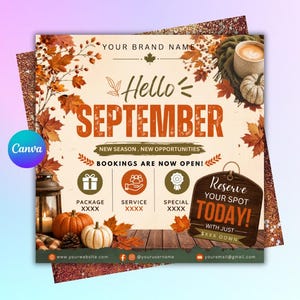 Może przedstawiać: Cyfrowa ulotka z jesiennymi liśćmi, dyniami i latarnią. Tekst zawiera: YOUR BRAND NAME, Hello SEPTEMBER, NEW SEASON, NEW OPPORTUNITIES, BOOKINGS ARE NOW OPEN, PACKAGE, SERVICE, SPECIAL oraz Reserve YOUR SPOT TODAY WITH JUST $XXX DOWN.