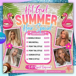 Summer Booking Flyer Design Braids Flyer DIY Hair Flyer Template Summer Sale Flyer Editable Canva Template Digital Design Hair Stylist Flyer