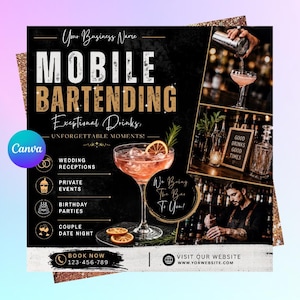 Könnte beinhalten: Ein schwarz-goldener Flyer für einen mobilen Barservice mit dem Text Mobile Bartending, Exceptional Drinks, Unforgettable Moments und We Bring The Bar To You. Er enthält Symbole für Hochzeiten, private Veranstaltungen, Geburtstage und Dates.