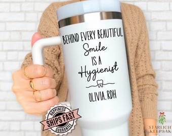 Dental Hygienist Personalized 40oz Tumbler with Handle Custom Dental Hygienist To Go Cup RDH Mug 40oz Behind Every Smile Tumbler