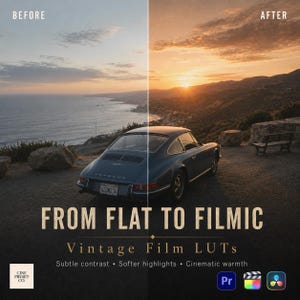 May include: A split-screen comparison showing a dark blue vintage sports car parked overlooking a coastal sunset. Text reads: BEFORE, AFTER, FROM FLAT TO FILMIC, Vintage Film LUTs, Subtle contrast, Softer highlights, Cinematic warmth, CINE PRESET CO.