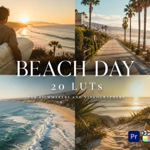 May include: A digital product display featuring four beach-themed photographs, the text BEACH DAY 20 LUTs FOR FILMMAKERS AND VIDEOGRAPHERS, a small logo, and three software icons for Premiere Pro, Final Cut Pro, and DaVinci Resolve in the corner.