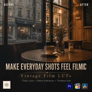 May include: A split-screen comparison showing a cafe scene before and after applying a filter. The image features a coffee cup, a glass vase with dried plants, and a small jar on a wooden table. Text reads: MAKE EVERYDAY SHOTS FEEL FILMIC.