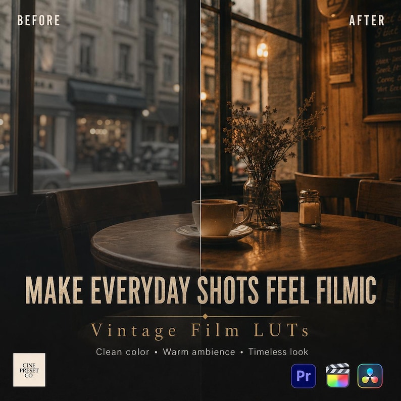 May include: A split-screen comparison showing a cafe scene before and after applying a filter. The image features a coffee cup, a glass vase with dried plants, and a small jar on a wooden table. Text reads: MAKE EVERYDAY SHOTS FEEL FILMIC.