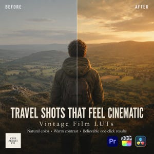 May include: A split-screen comparison showing a landscape before and after applying filters. The text reads: TRAVEL SHOTS THAT FEEL CINEMATIC, Vintage Film LUTs, Natural color, Warm contrast, Believable one-click results, and CINE PRESET CO.