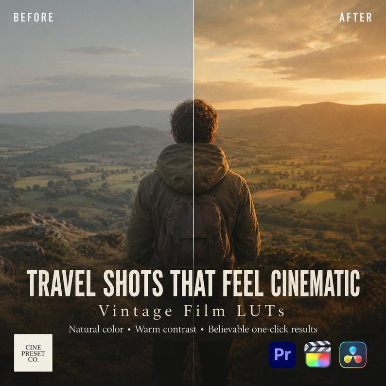May include: A split-screen comparison showing a landscape before and after applying filters. The text reads: TRAVEL SHOTS THAT FEEL CINEMATIC, Vintage Film LUTs, Natural color, Warm contrast, Believable one-click results, and CINE PRESET CO.