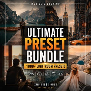 May include: A digital product advertisement titled Ultimate Preset Bundle 1000+ Lightroom Presets for mobile and desktop. The graphic features a collage of four travel photos and includes icons for mountains, cameras, people, palm trees, and city skylines.