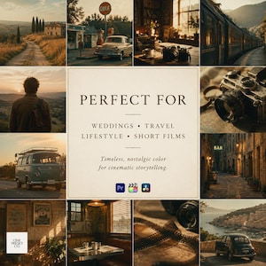 May include: A digital collage featuring a central text panel that reads PERFECT FOR WEDDINGS TRAVEL LIFESTYLE SHORT FILMS and Timeless, nostalgic color for cinematic storytelling. Surrounding images show vintage cars, trains, cameras, and landscapes.