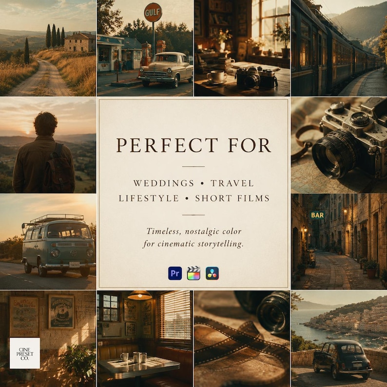 May include: A digital collage featuring a central text panel that reads PERFECT FOR WEDDINGS TRAVEL LIFESTYLE SHORT FILMS and Timeless, nostalgic color for cinematic storytelling. Surrounding images show vintage cars, trains, cameras, and landscapes.