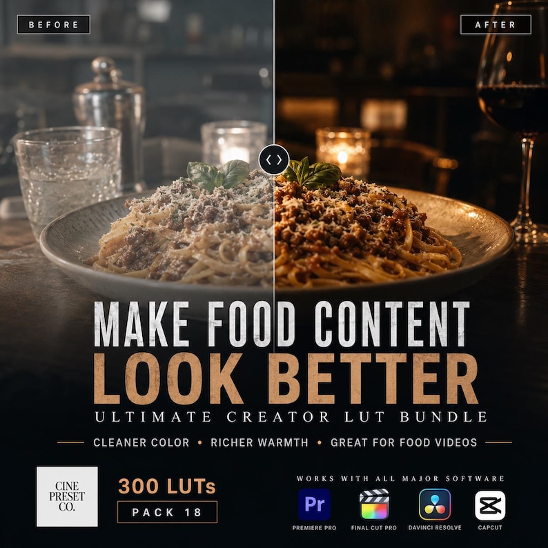 May include: A split-screen comparison of a pasta dish showing a before and after color grade. The text reads: MAKE FOOD CONTENT LOOK BETTER, ULTIMATE CREATOR LUT BUNDLE, 300 LUTs PACK 18, and displays icons for Premiere Pro, Final Cut Pro, DaVinci Resolve, and Capcut.