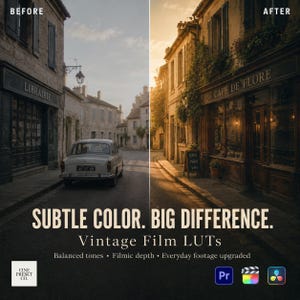 May include: A split-screen comparison showing a street scene before and after color grading. The text reads: SUBTLE COLOR. BIG DIFFERENCE. Vintage Film LUTs. Balanced tones. Filmic depth. Everyday footage upgraded. Includes software icons.
