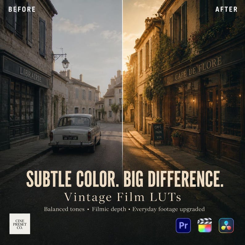 May include: A split-screen comparison showing a street scene before and after color grading. The text reads: SUBTLE COLOR. BIG DIFFERENCE. Vintage Film LUTs. Balanced tones. Filmic depth. Everyday footage upgraded. Includes software icons.