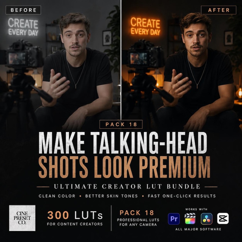 May include: A digital product advertisement for a LUT bundle featuring a split-screen comparison of a video frame. The left side shows a cool-toned image, while the right side shows a warm-toned image. Text reads: Make Talking-Head Shots Look Premium.