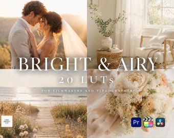 20 LUTs brillantes y etéreos: paquete de LUTs cinematográficos limpios para bodas, vídeos de estilo de vida y viajes, Premiere Pro y Final Cut.