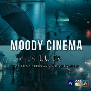 May include: A composite image with a moody, cinematic aesthetic. The top left shows an open umbrella in the rain. The text "MOODY CINEMA" and "15 LUTS" are displayed. The image is designed for filmmakers and videographers.