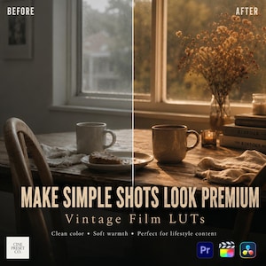 May include: A split-screen comparison of a dining table scene featuring a wooden table, a ceramic mug, and a plate with food. The left side shows a cool, desaturated tone, while the right side displays a warm, golden-toned vintage film aesthetic.
