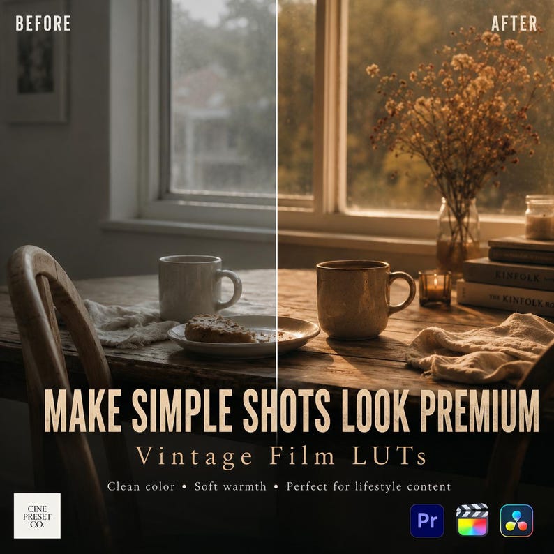 May include: A split-screen comparison of a dining table scene featuring a wooden table, a ceramic mug, and a plate with food. The left side shows a cool, desaturated tone, while the right side displays a warm, golden-toned vintage film aesthetic.