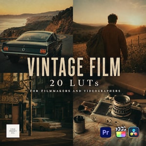 May include: A digital product display titled VINTAGE FILM 20 LUTs FOR FILMMAKERS AND VIDEOGRAPHERS. The image features four panels showing a classic car on a coastal road, a person walking at sunset, a city street, and a vintage camera on a map.