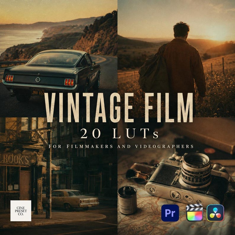May include: A digital product display titled VINTAGE FILM 20 LUTs FOR FILMMAKERS AND VIDEOGRAPHERS. The image features four panels showing a classic car on a coastal road, a person walking at sunset, a city street, and a vintage camera on a map.