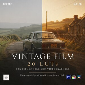 May include: A digital product display showing a split-screen comparison of a vintage car on a road before and after applying a filter. Text reads: VINTAGE FILM 20 LUTs FOR FILMMAKERS AND VIDEOGRAPHERS. Create nostalgic cinematic color in one click.