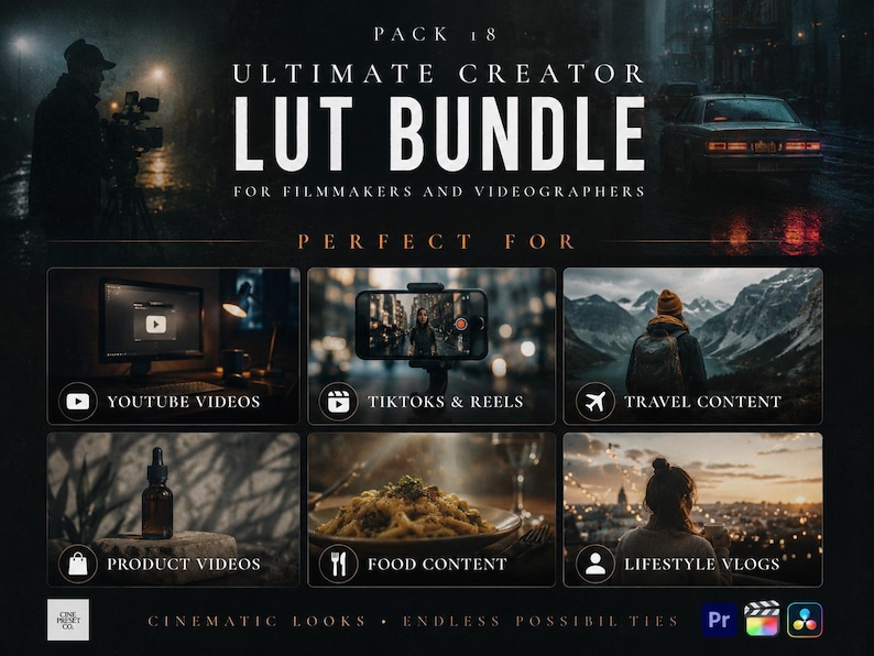 May include: A digital product advertisement titled PACK 18 ULTIMATE CREATOR LUT BUNDLE FOR FILMMAKERS AND VIDEOGRAPHERS. It features six image panels showing YouTube videos, TikToks and reels, travel content, product videos, food content, and lifestyle vlogs.