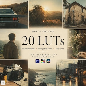 May include: A digital product display featuring 20 LUTs for filmmakers and videographers with text overlays, icons for editing software, and six photographic examples including a vintage car, sunset landscape, old cafe, person, flowers, and camera.