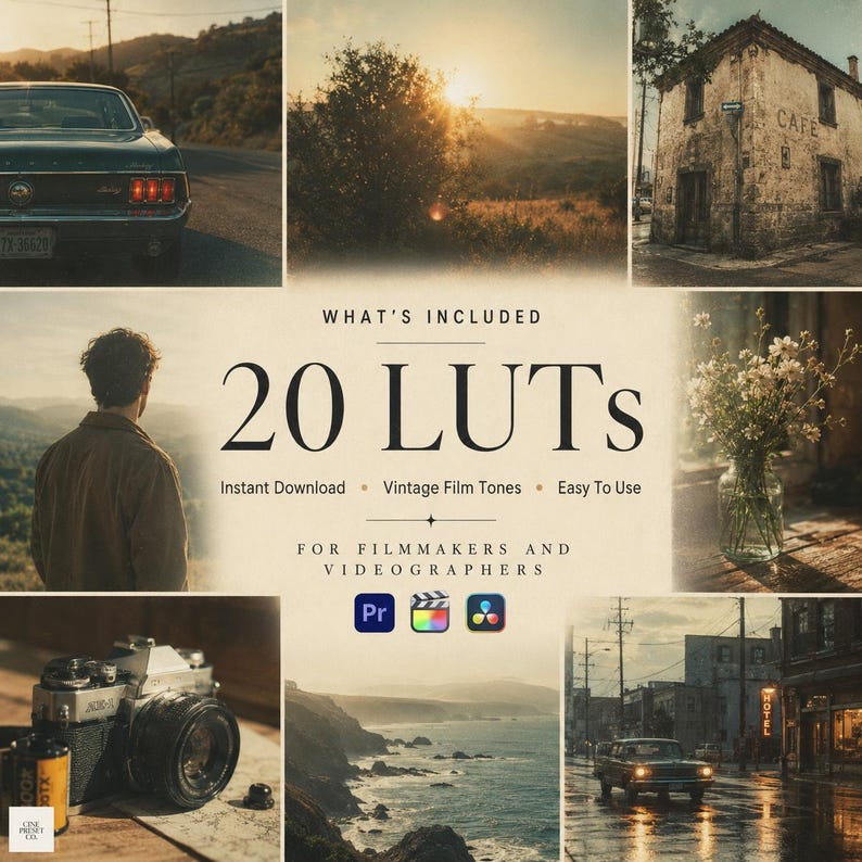 May include: A digital product display featuring 20 LUTs for filmmakers and videographers with text overlays, icons for editing software, and six photographic examples including a vintage car, sunset landscape, old cafe, person, flowers, and camera.