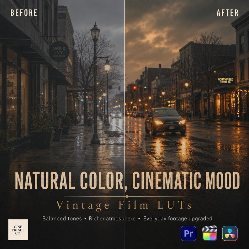 May include: A split-screen comparison of a city street at dusk, showing a before and after effect. Text reads: NATURAL COLOR, CINEMATIC MOOD, Vintage Film LUTs, Balanced tones, Richer atmosphere, Everyday footage upgraded, and CINE PRESET CO.