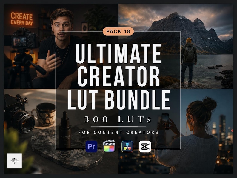 May include: A digital product advertisement titled ULTIMATE CREATOR LUT BUNDLE PACK 18, featuring 300 LUTs for content creators. The collage displays a person filming, a mountain landscape, a camera setup, and a person using a smartphone at night.