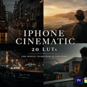 Puede incluir: Imagen promocional con cuatro fotos de paisajes cinematográficos. El texto "IPHONE CINEMATIC 20 LUTS" se muestra en blanco. La parte inferior de la imagen incluye el texto "FOR IPHONE FILMMAKERS & CREATORS" y los logotipos de Premiere Pro, Final Cut Pro y DaVinci Resolve.