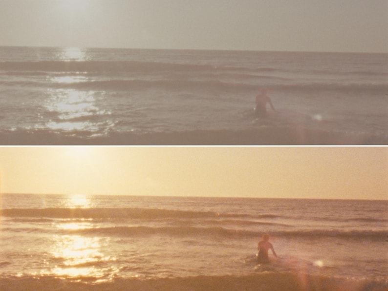 Puede incluir: Una escena de playa serena con una persona vadeando en el oc&eacute;ano. El sol se refleja en el agua, creando un efecto brillante. El cielo es de un color suave y apagado, y el tono general es c&aacute;lido y acogedor.