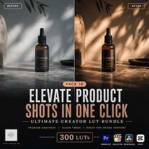 May include: A digital product advertisement for a LUT bundle featuring a split-screen comparison of a brown glass dropper bottle labeled NOMAD. The text reads PACK 18 ELEVATE PRODUCT SHOTS IN ONE CLICK ULTIMATE CREATOR LUT BUNDLE 300 LUTS.