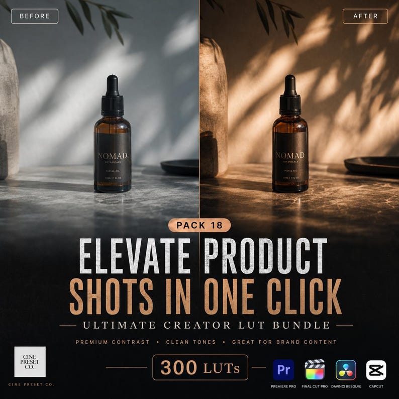 May include: A digital product advertisement for a LUT bundle featuring a split-screen comparison of a brown glass dropper bottle labeled NOMAD. The text reads PACK 18 ELEVATE PRODUCT SHOTS IN ONE CLICK ULTIMATE CREATOR LUT BUNDLE 300 LUTS.