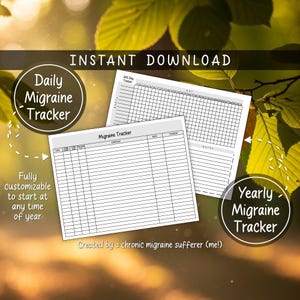 Könnte beinhalten: Ein digitaler Download mit zwei druckbaren Migräne-Trackern. Einer ist ein täglicher Tracker, der andere ein jährlicher Tracker. Der Text enthält "Sofort-Download", "Täglicher Migräne-Tracker" und "Jährlicher Migräne-Tracker".