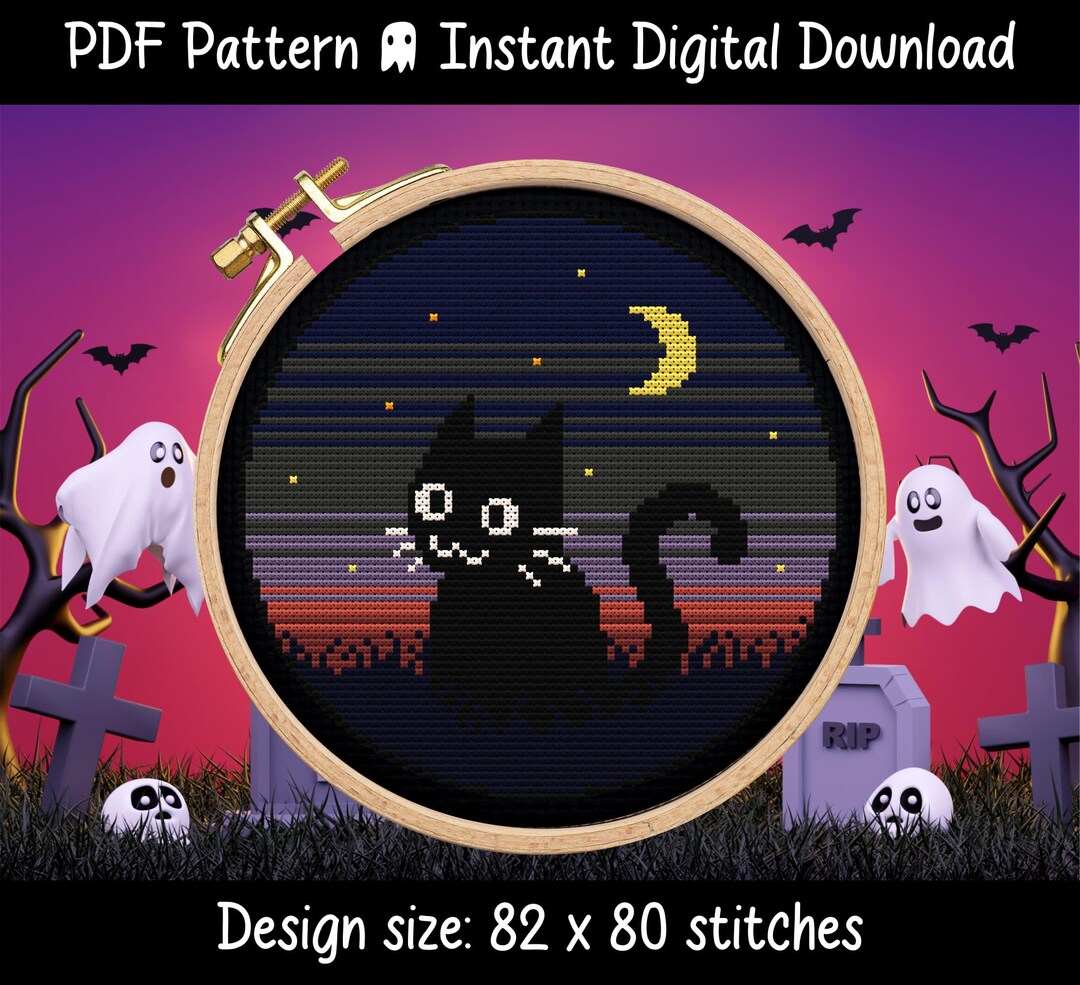 Black Cat Cross Stitch Pattern | Halloween Theme Digital PDF | DIY ...