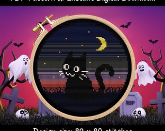 Black Cat Cross Stitch Pattern | Halloween Theme Digital PDF | DIY Instant Download