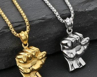 Fist Pendant Necklace – Stainless Steel Strength Symbol, 18K Gold Plated  or Silver