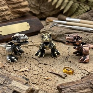 May include: Three small dinosaur figurines crafted from metal in silver, brass, and copper tones. Each figure features a detailed head with large eyes, an open mouth, and sharp claws. The dinosaurs are positioned on a textured, cracked surface.