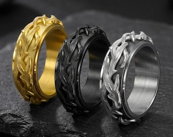 Anillo Fidget con Corona de Espinas / Banda Giratoria de Acero Inoxidable / Diseño Gótico de Vid Entrelazada / Joyería para Aliviar la Ansiedad para Hombres y Mujeres