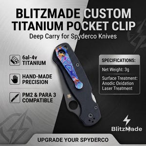 May include: A Blitzmade custom titanium pocket clip for Spyderco knives featuring a multi-colored anodized finish. The clip is attached to a black folding knife. Text includes 6al-4v titanium, hand-made precision, PM2 & Para 3 compatible, and net weight 3g.